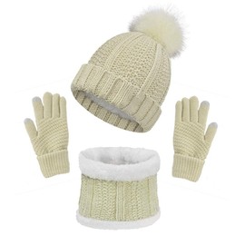 CheChury Knitted Hat & Scarf Women's Soft Warm Fleece Lined Winter Beanie Knitted Hat Zigzag Worm Winter Scarf Ski Hat with Pompom, beige