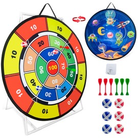 73 cm Large Dartboard for Children, Double-Sided Throwing Game Children with Space Dinosaur, Dartboard Children Velcro, Outdoor Games for Children, Gifts for Children 3-12