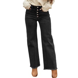 Sidefeel Jeans for Women Trendy High Waisted Stretchy Wide Leg Jeans Button Fly Raw Hem Straight Leg Denim Pants Black Size 18