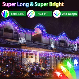 1296 LED Christma Lights With 288 Drops,131FT Outdoor Hanging lights with 8 Modes & Timer, Plug in Curtain String Lights Outdoor Waterproof for Fence Holiday Wedding Party Home Garden Decor Multicolor