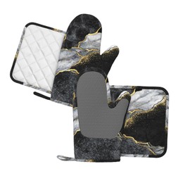Oven Mitts and Pot Holders Marble Black Gray Gold Silicone Kitchen Accessories Set of 4 Heat Resistant Long Gloves Potholder Non-Slip Grip for Chef Cooking,Baking,Grilling,BBQ