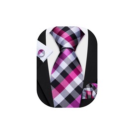 Barry.Wang Fuchsia Black White Tie for Men Plaid Silk Necktie Handkerchief Cufflinks Formal Business Wedding Party
