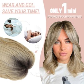 MORICHY 6.5X6.5'' Large Base Hair Toppers for Women Ombre Blonde Hair Topper with Fringe for Thinning Hair Synthetic Wiglets Ladies Hair Pieces for Women (Mix Blonde with Dark Root)