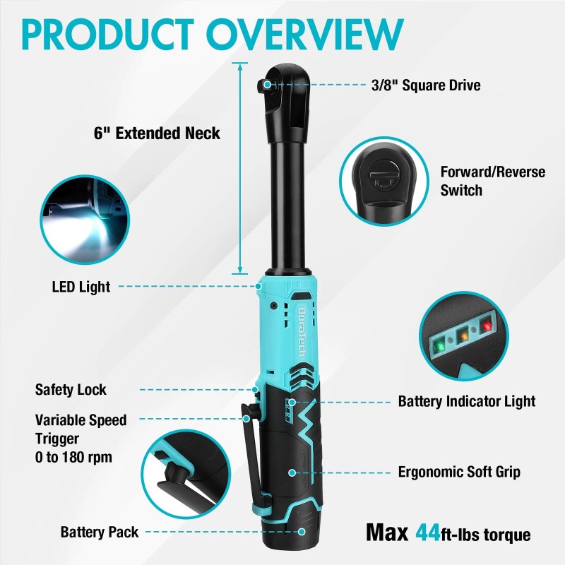 DURATECH Extended Cordless 3/8" 12V 44 Ft-Lbs Long Neck Electric