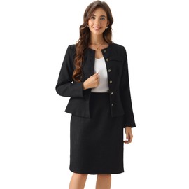 Allegra K Suit Set for Women's 2 Piece Outfits Tweed Peplum Collarless Blazer Jacket and Skirt Sets Black Medium