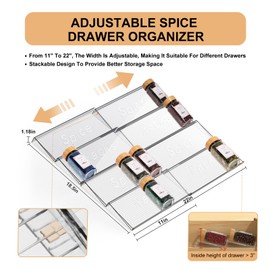 Spice Drawer Organizer with 24 Spice Jars, 355 Spice Labels, 4 Pack Expandable From 11'' to 21'' Acrylic Spice Rack for Drawer, Seasoning Containers Storage Organization for Kitchen Cabinet Countertop