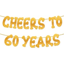 Cheers to 60 Years - Happy 60th Birthday Party Glitter Banner - 60th Birthday Party Decorations and Supplies - 60th Wedding Anniversary Decorations, Pre-strung - No DIY required