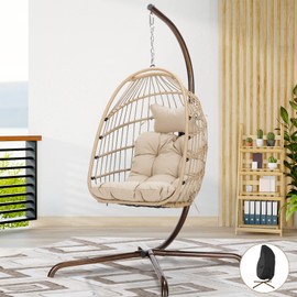 BULEXYARD Indoor Outdoor Hanging Swing Egg Chair with Stand & Raincover 350lbs Capacity, Beige Wicker Hammock Egg Basket Chair with Beige Thickened Cushion for Bedroom Balcony Garden Porch