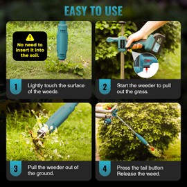 TREXEEN Weed Puller Tool,Electric Stand Up Weed Puller Tool, 21V Battery Powered w/ 1pcs 3000mAh,Heavy Duty 3-Claw Steel Root Weeder,for Dandelion Lawn Garden Yard（Blue）