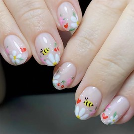 QEYRIYI White Flowers Press on Nails Short Round Fake Nail with Bee Cherry Heart Designs Nude False Nails Acrylic Glue on Nail Spring Summer Full Cover Artificial Stick on Nail for Women 24 Pcs