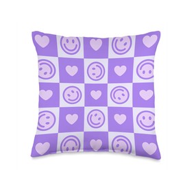 Smile Face Heart Y2K Purple Aesthetic Throw Pillow