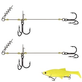 Pack of 2 stinger hooks with leader system, screw in pike systems for rubber fish, with jig head, shallow rig pike stinger systems, for bait of sizes S, M, L (L)