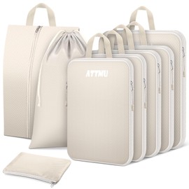 8 Set Compression Packing Cubes, Expandable Packing Cubes for Travel Essentials Accessories, Travel Compression Bags for Packing with Shoes & Laundry Bags for Carry on Luggage Suitcase (Beige)