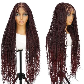 Supernova #1B/30 Color 36" Triangle Full Lace Water Wavy Curls Ends Synthetic Box Braided Wig - Hair Color: #1B/Burgundy-Square Top