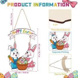 Easter Wreath Decorations for Front Door, Wooden Happy Easter Bunny Door Hanger Welcome Sign with Hemp Rope for Spring Home Farmhouse Party Porch Window Wall Decor Indoor Outdoor