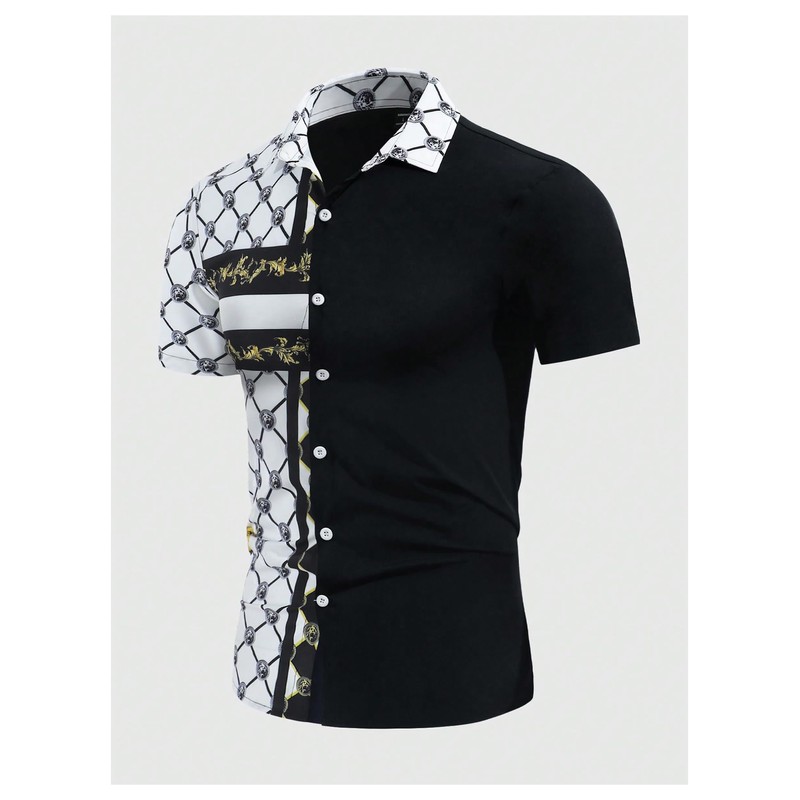 WDIRARA Men's Baroque Printed Dress Shirts Short Sleeve Button Down