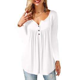 Amoretu Women's V-Neck Button Down Blouse, Solid Tunic Long Sleeve / Short Sleeve Tops