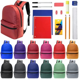 Moda West 17 Inch Bulk Backpacks with 18 Piece School Supplies Kits - Pens, Pencils, Crayons - Case of 12 Wholesale Backpacks in 12 Assorted Colors