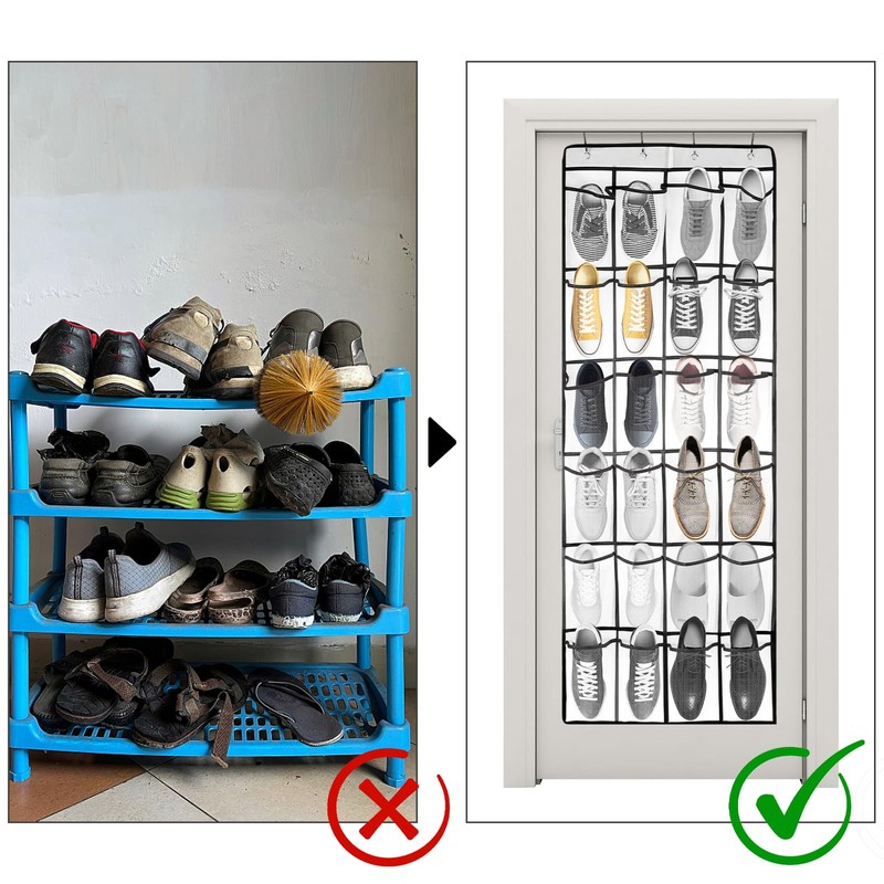 Large Hanging Shoe Organizer, 24 White Mesh Pockets Over the