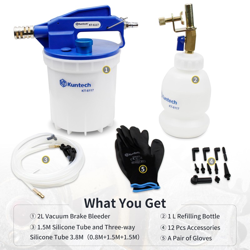 Kuntech Vacuum Brake Bleeder Kit with 2L Brake Fluid Extractor