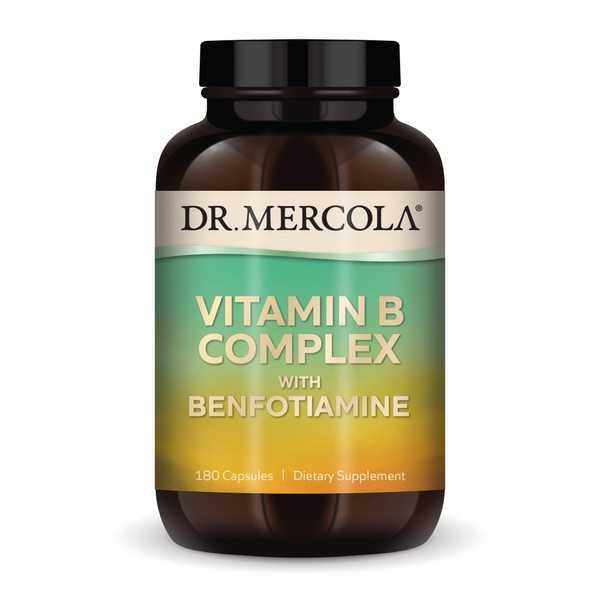 Dr. Mercola Vitamin B Complex with Benfotiamine Dietary Supplement, 90 Servings (180 Capsules), Non GMO, Soy Free, Gluten Free