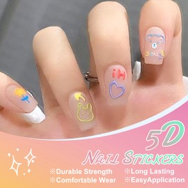 6 Sheets Color Line Embossed Nail Art Sticker Decal 5D Self-Adhesive Cute Color Graffiti Symbol Flowers Love Heart Nail Art Design Sticker Supplies for Women Girls Manicure Art Decoration 931-3