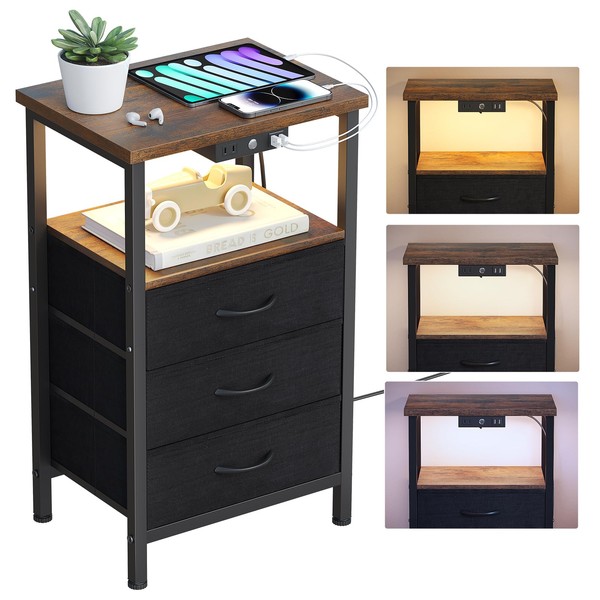 SUNMORY Nightstand with Charging Station and Dimmable LED Lights, 25.6 Inch Tall Side Table with 3 Fabric Drawers, Night Stand with USB Ports & Outlets, Small End Table, Bedside Tables for Bedroom