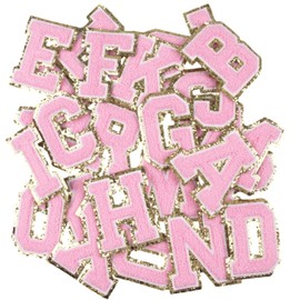 Ebateck Chenille Letter Patches Iron On, Varsity Letters Patch for Clothing Jacket English A-Z Alphabet Embroidered Appliques with Gold Glitters Border (Pink)