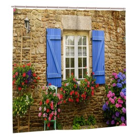 Nyngei 3D Digital Printing Home Garden Shower Curtain Stone Wall and Window and Flowers Polyester Fabric Decorations 180X180CM