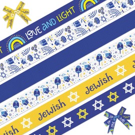 ALIBBON 6 Rolls 30 Yards 3/8" Hanukkah Ribbon Chanukah Grosgrain Ribbons for DIY Crafts Hanukkah Decor, Star of David Ribbons White Blue Ribbons for Jewish Gift Wrapping Bows Crafting Supplies