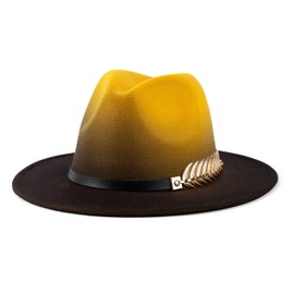 Gossifan Women Gradient Color Fedora Wide Brim Felt Panama Hat with Belt Buckle Yellow/Black