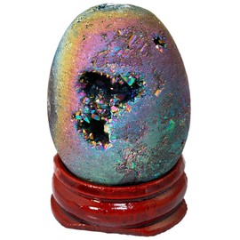 Nupuyai Geode Agate Crystal Egg Titanium Coated Quartz Cluster Gemstone Decoration with Wooden Stand