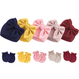 DRESHOW Newborn Baby Hat Mittens Hospital Hat Beanie Infant Hats with Bow Baby Gloves for 0-6 Months, 5 Sets: Bow Hats & Mittens Set33-18