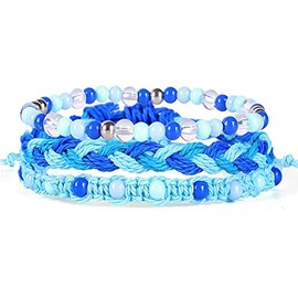 3Pcs Colorful Braided Stretch Friendship Bracelets Stackable Bead Woven Waterproof Wax Coated String Adjustable Wave Rope Bangle Bracelets Friendship Surf Jewelry for Women-Blue