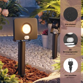 ledscom.de Wega LED Garden Spotlight with Ground Spike and 15 cm Base for Outdoor Use with Motion Sensor Black 10.837 W 944 lm Warm White