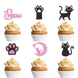 Zpilkes 24PCS Cat Cupcake Toppers Cat Meow Cat Paw Cupcake Toppers black pink Glitter Decoration for Kitten Themed Baby Shower Kids Birthday Party Supplies