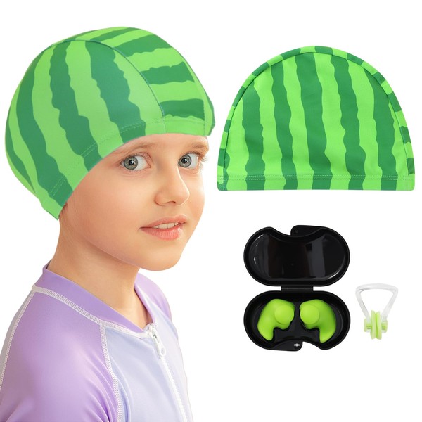 Funny Watermelon Kids Swim Cap with Ear Plugs & Nose