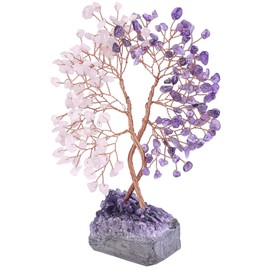 Nupuyai Tree of Life Stone with Natural Amethyst Base Feng Shui Crystal Concentrated Tree Love Symbol for Wedding Office Amethyst & Rose Quartz
