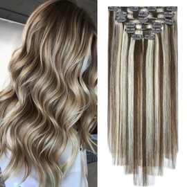 Clip in Hair Extensions 100% Remy Human Hair Medium Brown to Blonde 20 Inch 70G/7Pcs Soft Silky Straight 16clipsRemy Human Hair Extensions Clip ins for Women for Women