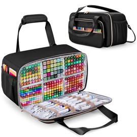 Prokva Marker Organizer Case Holding up to 216 Markers, Travel Marker Storage Bag Portable Marker Holder Bag with Shoulder Strap, Foil Liner for Easy Wipe Clean, Black