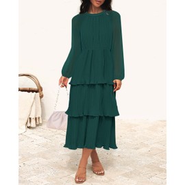 ZESICA Women's 2025 Long Sleeve Crew Neck Ruffle Tiered Layered Chiffon Flowy Swing Long Midi Dress,DarkGreen,X-Large