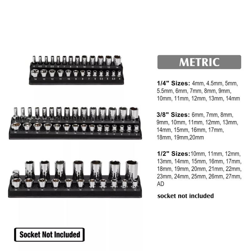 Unbranded 1/4" 3/8" & 1/2" Drive Metric Magnetic 3pc Socket