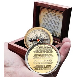 Antiqued Brass Robert Frost Poem Compass with Wooden Box, Inspirational Gifts for Woman, Aniversity Gifts for Men,Engraved Compass,Wedding for Boys, Pocket Compass for Hiking Survival