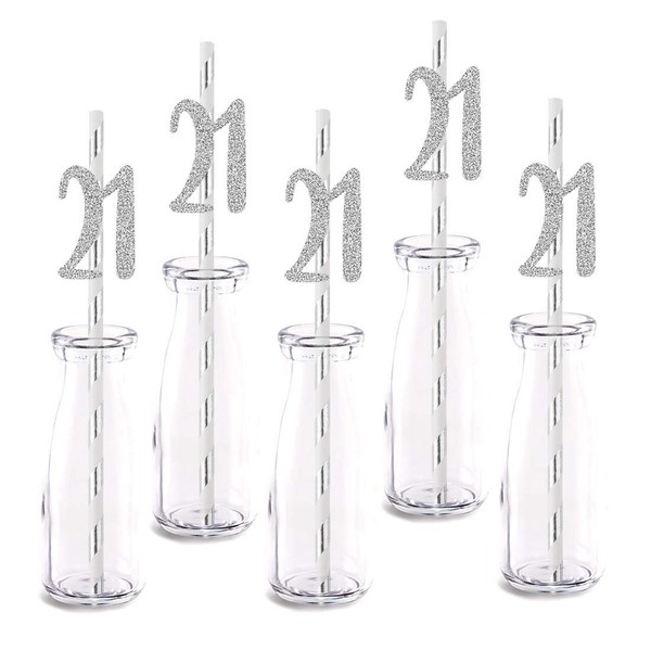 Silver Happy 21st Birthday Straw Decor, Silver Glitter 24pcs Cut-Out Number 21 Party Drinking Decorative Straws, Supplies