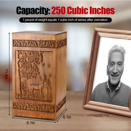 Wooden Cremation Urns for Human Ashes Adult Male Female - Handcarved Deer Wood Urn Boxe with Velvet Bag, 250 lbs Large Capacity Decorative Burial Funeral Memorial Urn