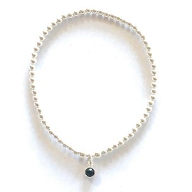 Sterling Silver 925 Beaded Stretch Bracelet with Blue Zircon/December Birthstone Bezel Charm