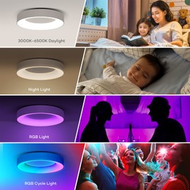 Annaror RGB LED Flush Mount Ceiling Light with Remote Control, 11 Inch Color Changing Light Fixture Dimmable, 3000K-6500K Modern Low Profile Ceiling Lights for Bedroom Kids Room, White