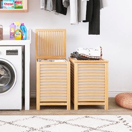 SMIBUY Double Laundry Hamper with Lid, 120L Bamboo Laundry Basket with Removable Liner Bag, 2-Section Clothes Divider Laundry Sorter for Laundry Room, Bathroom, Bedroom (Natural)