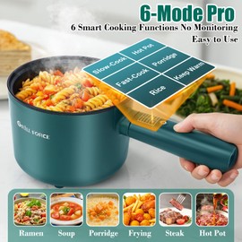GRILL FORCE Hot Pot Electric,6 Smart Modes, 1.8L Rapid Noodles Cooker, Portable Cooking Pot, Non-Stick Sauté Pan, Electric Pot for Steak, Pasta, Egg, Soup, BPA Free, Suit Dorm Room and Apartment