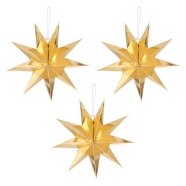 MECCANIXITY 3 Pcs Paper Star Lanterns 9-Pointed 12" Hanging Star Paper Lantern Hanging Lampshade for Christmas,Wedding,Graduation Party Supplies, Gold